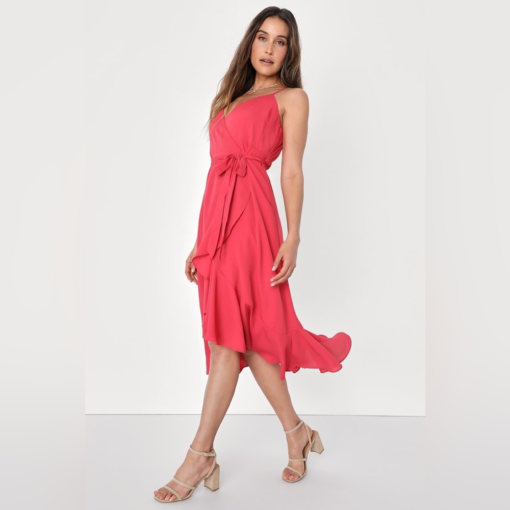 Lulu’s Manhattan Moment Berry Pink Ruffled Midi Wrap Dress in Red , XS S L